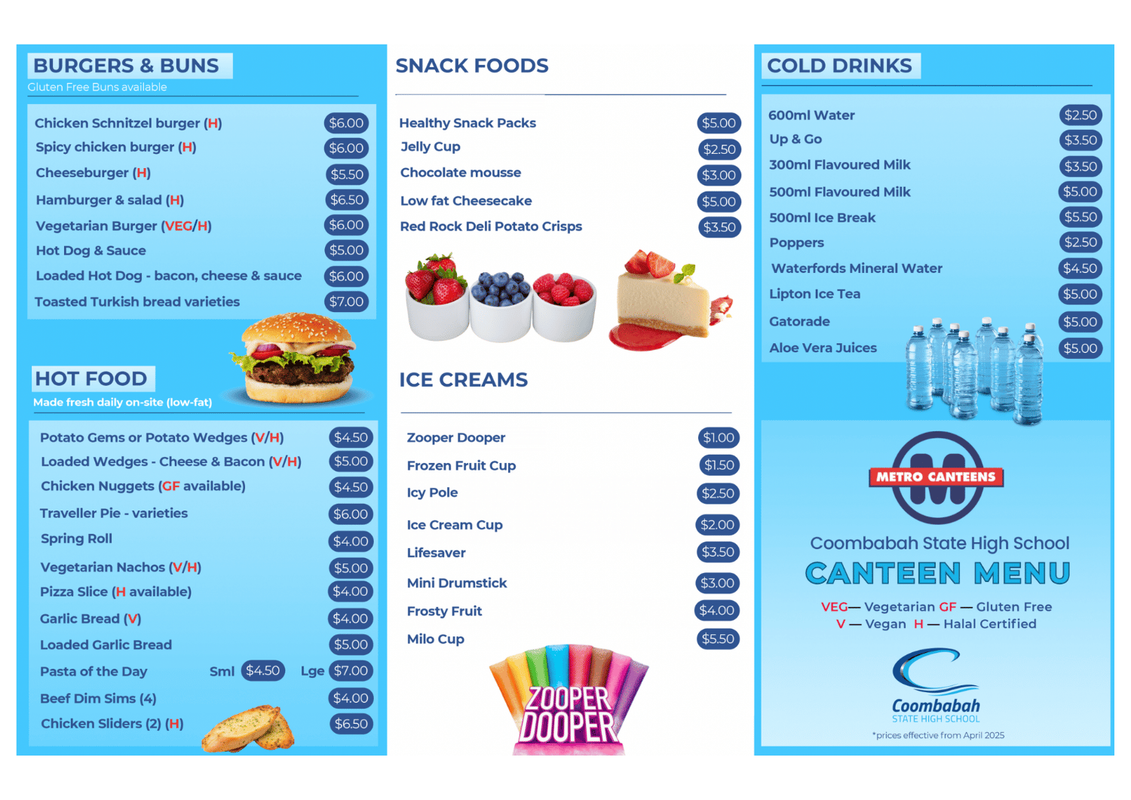 Canteen Menu Page 2 - Burgers, Hot Food, Snacks, Ice Creams, Cold Drinks