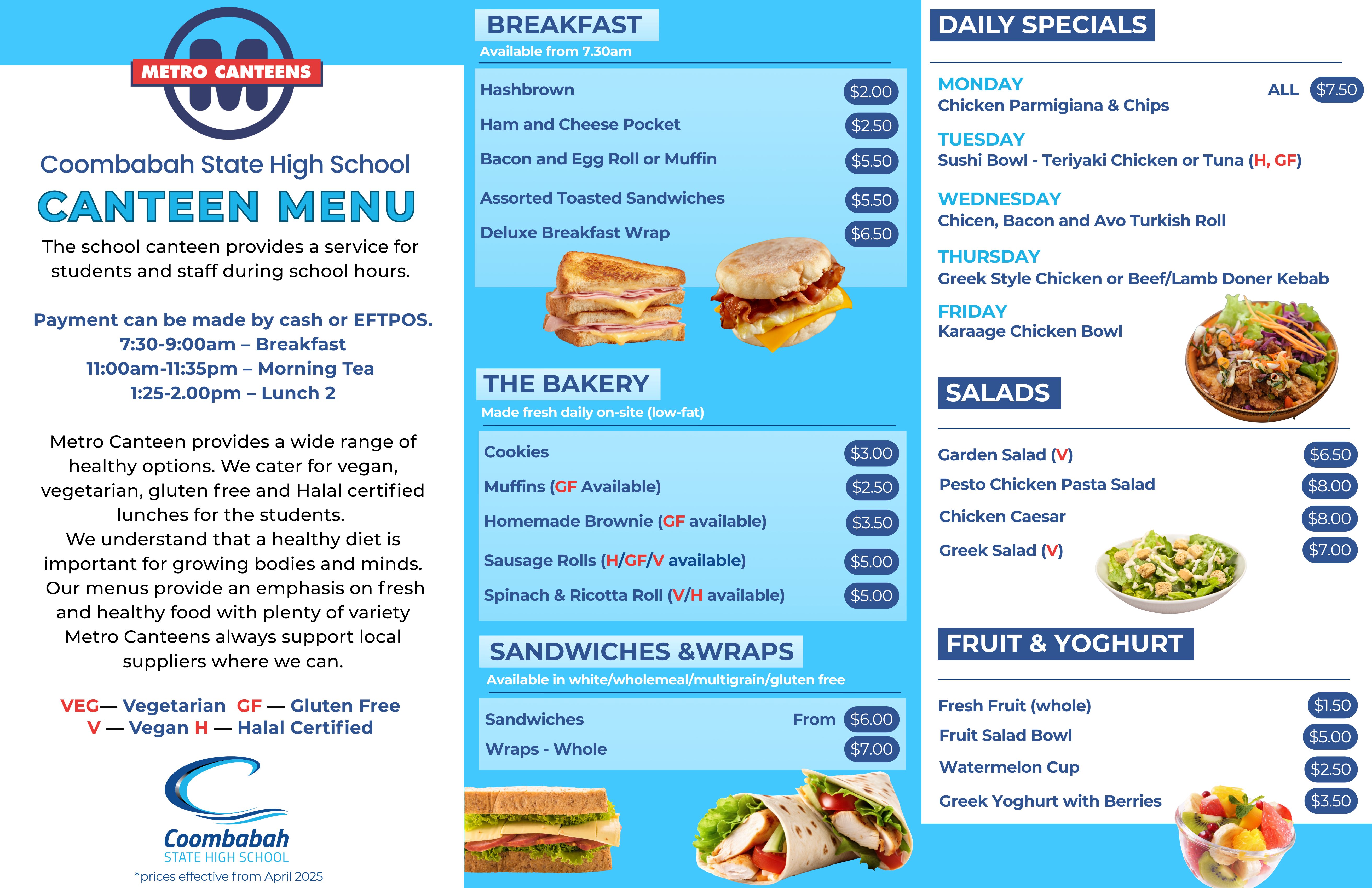 Canteen Menu Page 1 - Breakfast, Bakery, Daily Specials, Salads, Fruit & Yoghurt