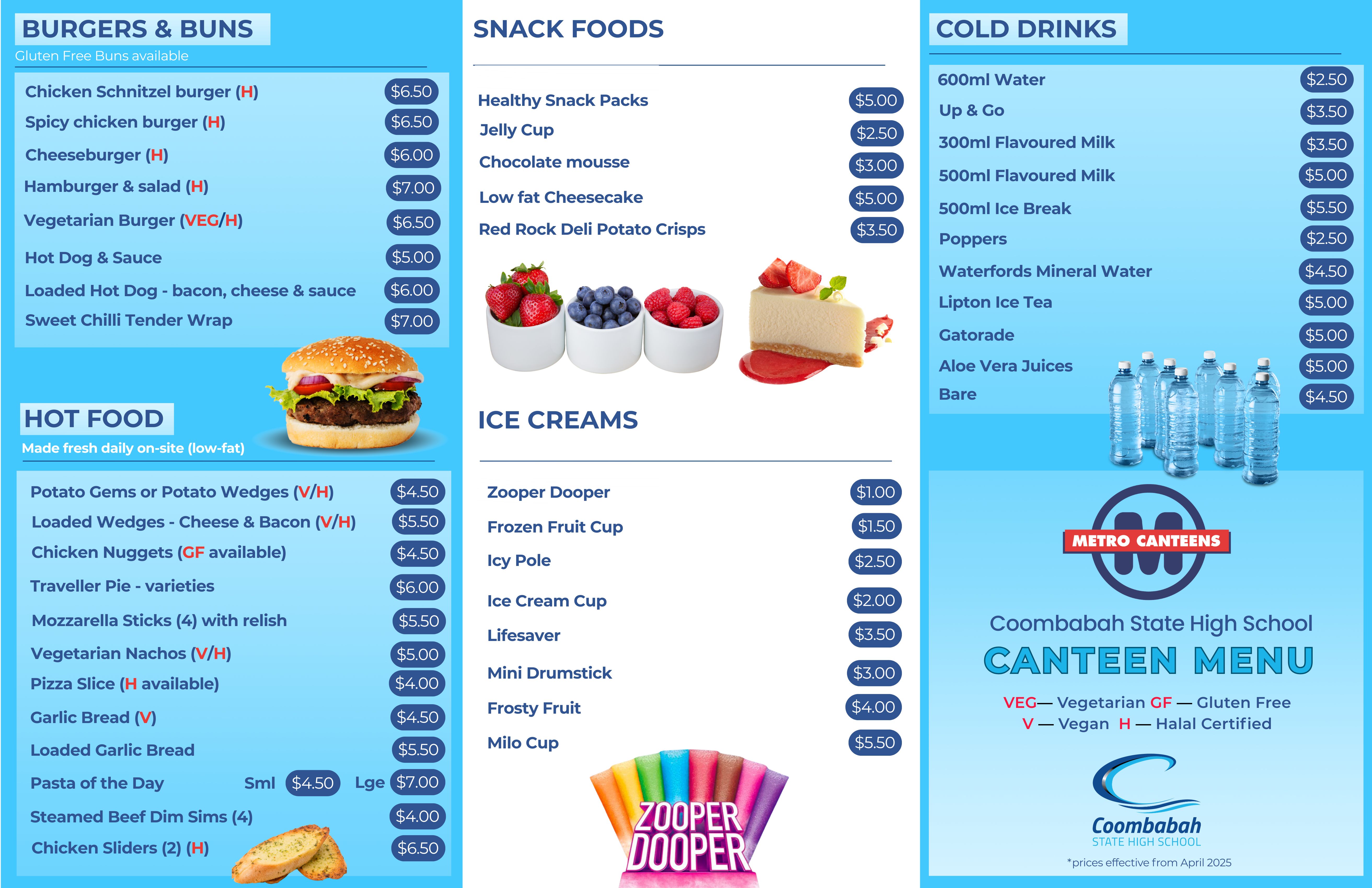 Canteen Menu Page 2 - Burgers, Hot Food, Snacks, Ice Creams, Cold Drinks